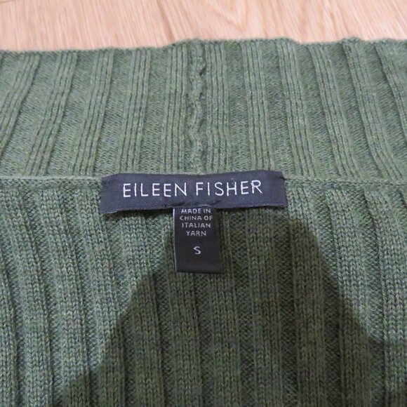 EILEEN FISHER 100% Merino Wool Ribbed Knit Open Front Cardigan in Forest Green - Picture 15 of 16